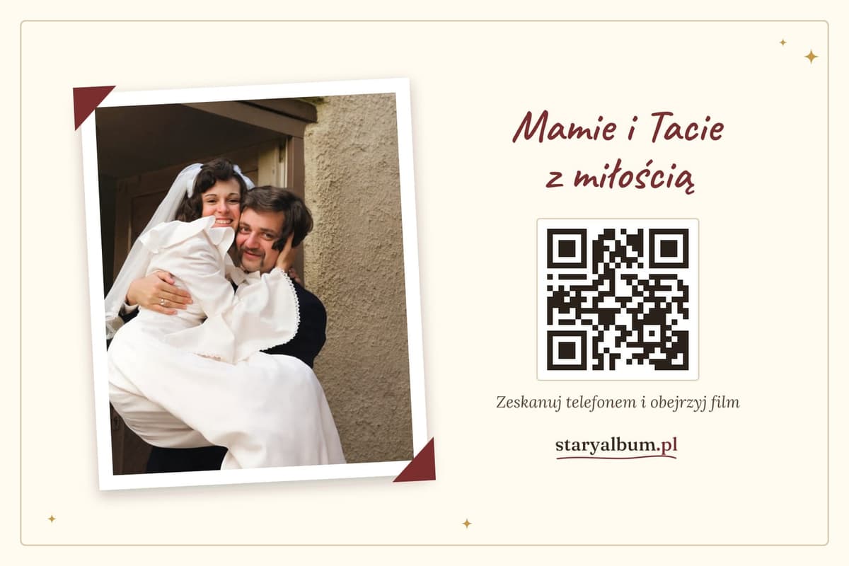 Kartka „Mamie i Tacie z miłością” ze zdjęciem ślubnym i kodem QR
